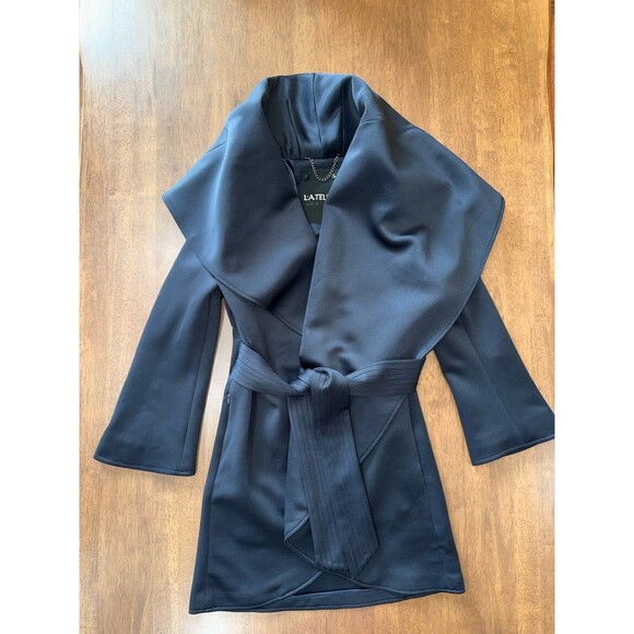 L’Atelier Navy Cape Jacket Coat XS Open Front Belted Draped Collar Elegant Layer - Picture 11 of 11